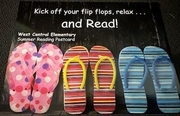 Promotional graphic for West Central Elementary's Summer Reading Postcard program, featuring the slogan: "Kick off your flip flops, relax... and Read!" alongside a graphic of colorful summer flip-flops.